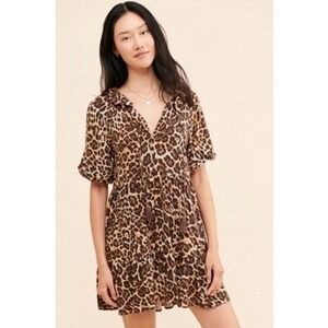Especia Palmar Leopard Dress Women Small Brown Tassel Tiered Mini Animal Anthro